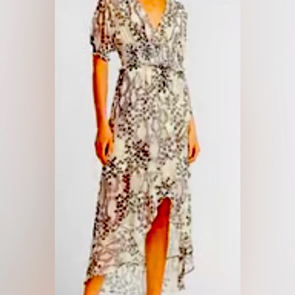 Express snakeskin ivory/black/gray short sleeve high low ruffle dress,me…